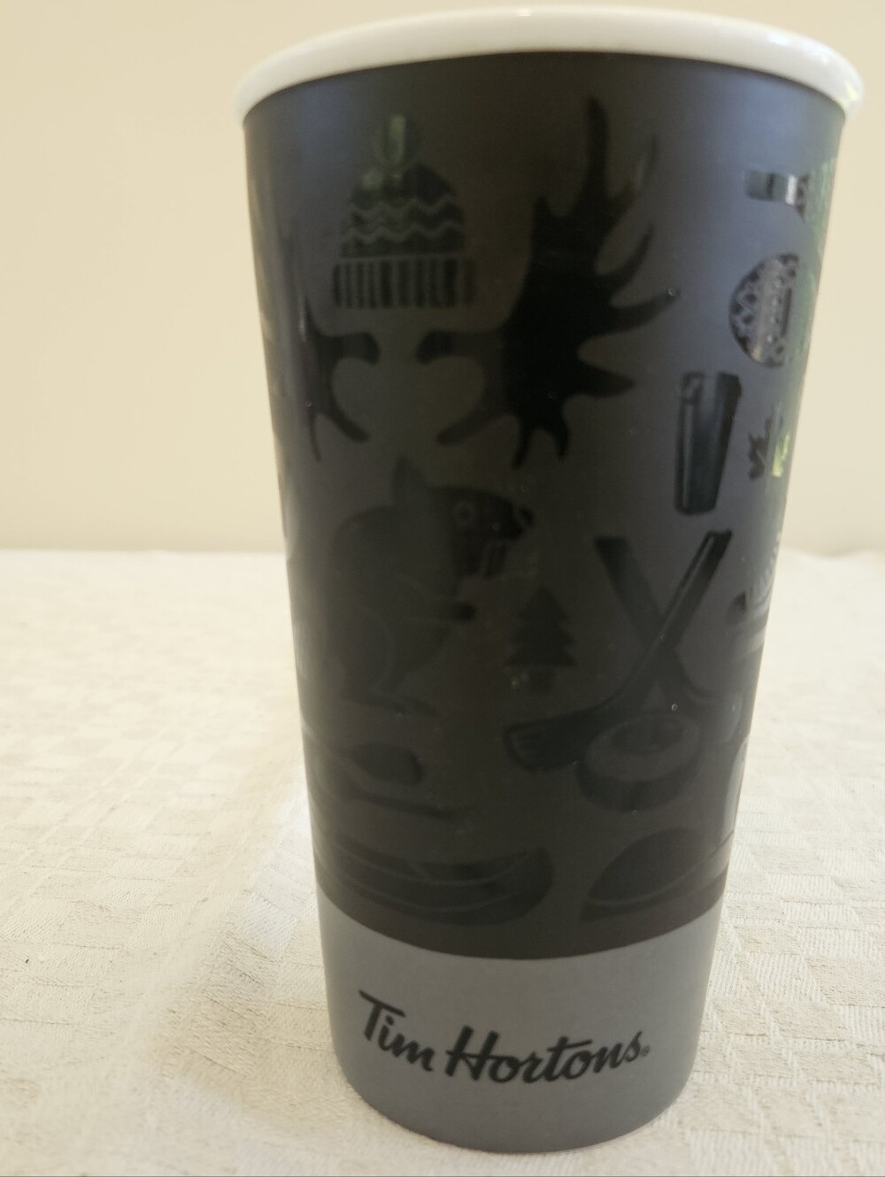 2018  Tim Horton's ceramic travel mug EH ! black and silver No Lid Read